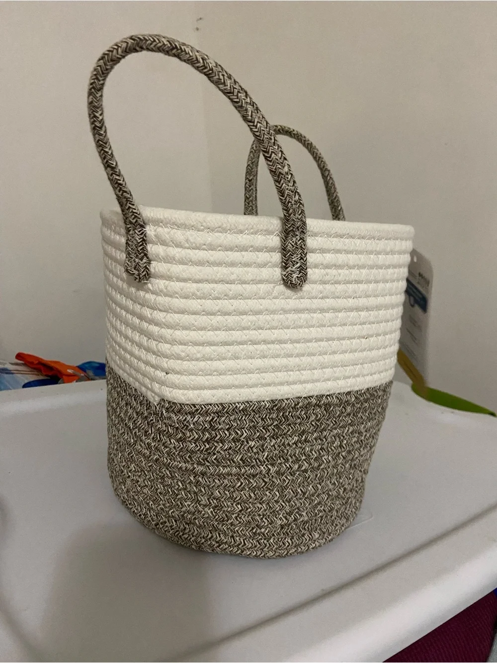Two-Tone Woven Rope Plant Basket with plastic inner & Handles 10 X 10 X 9 “H